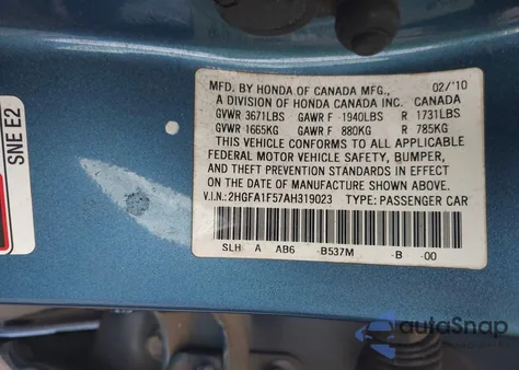 2010 Honda Civic Lx z USA, uszkodzony, nr VIN 2HGFA1F57AH319023